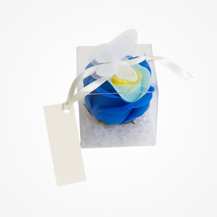 Mărturie Elegantă: Trandafir Albastru cu Galben în Cutiuță Transparentă - imagine 4