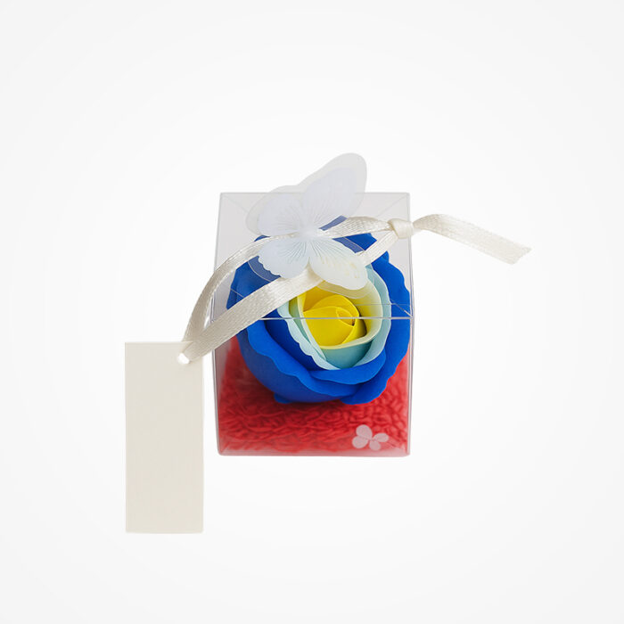 Mărturie Elegantă: Trandafir Albastru cu Galben în Cutiuță Transparentă - imagine 3