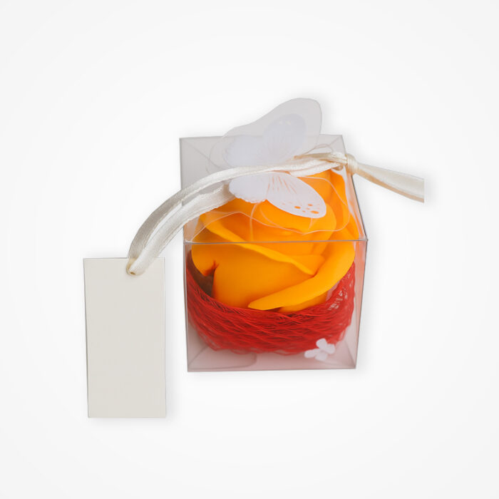 Mărturie Elegantă: Trandafir Portocaliu în Cutiuță Transparentă - imagine 3