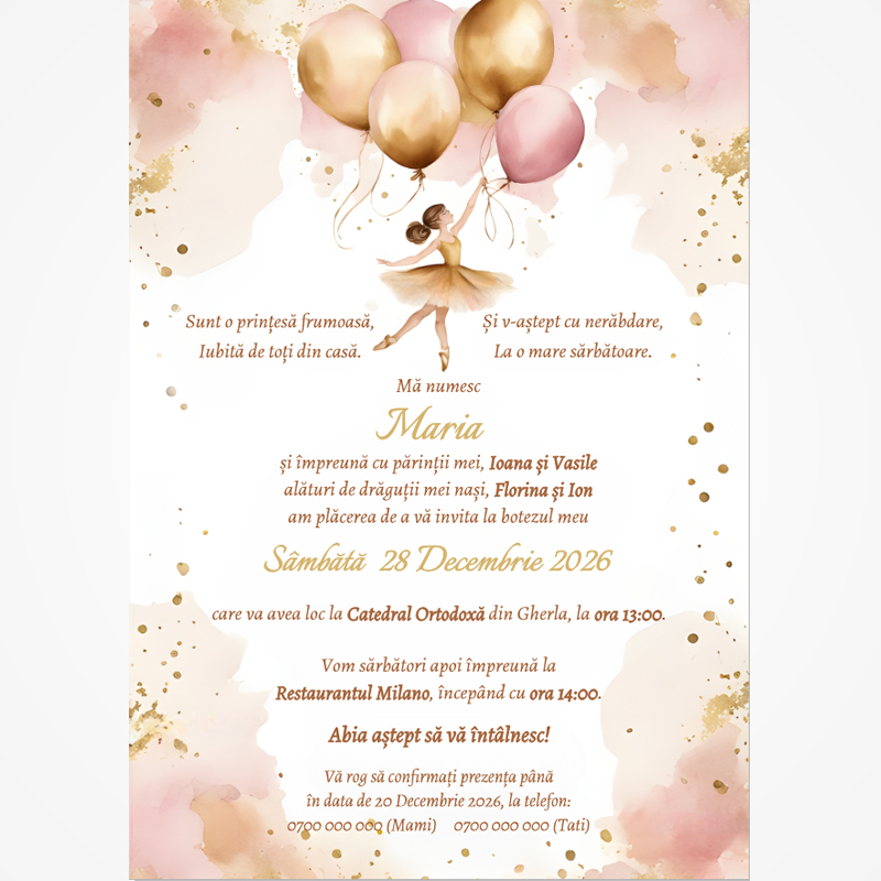 LI-B001 Invitație digitală pentru Botez „Baloane și zâmbete” LI-B001