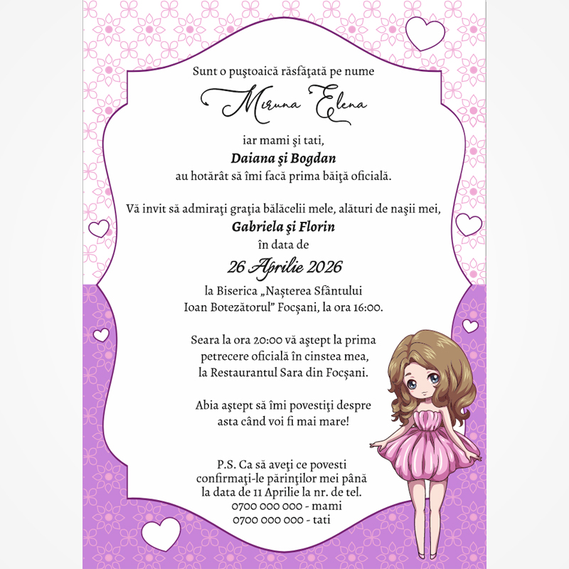 LI-B002 Invitație digitală pentru botez – „Micuța fashionistă” LI-B002