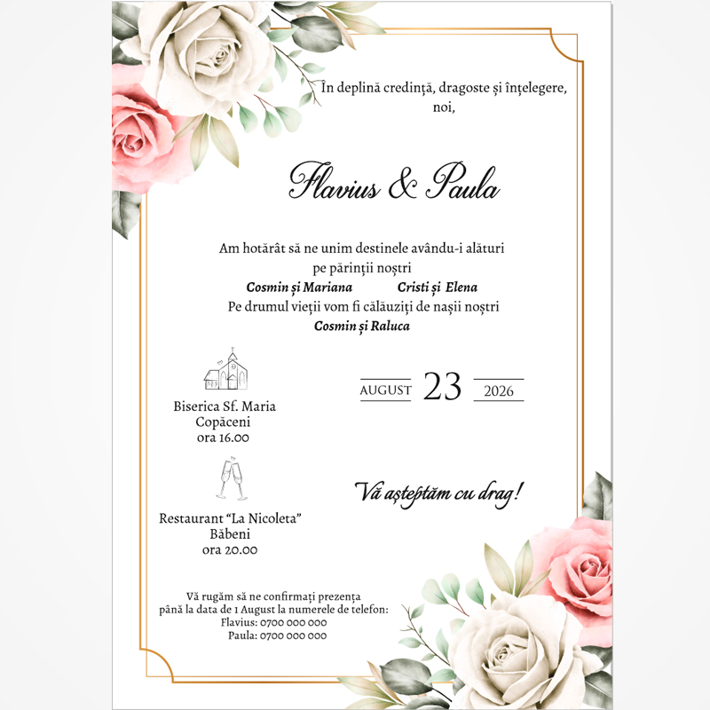 LI-N005 Invitație digitală pentru nuntă „Trandafiri și credință” LI-N005