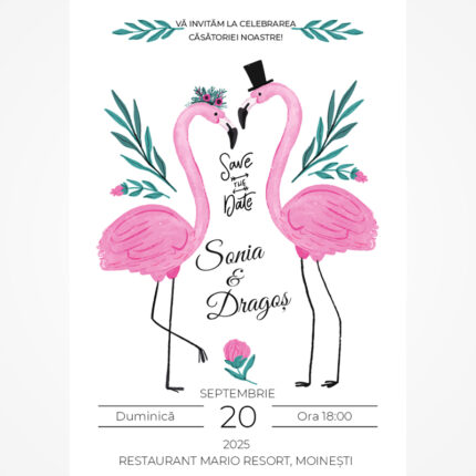 Invitație digitală pentru nuntă „Flamingo în tuxedo” LI-N008