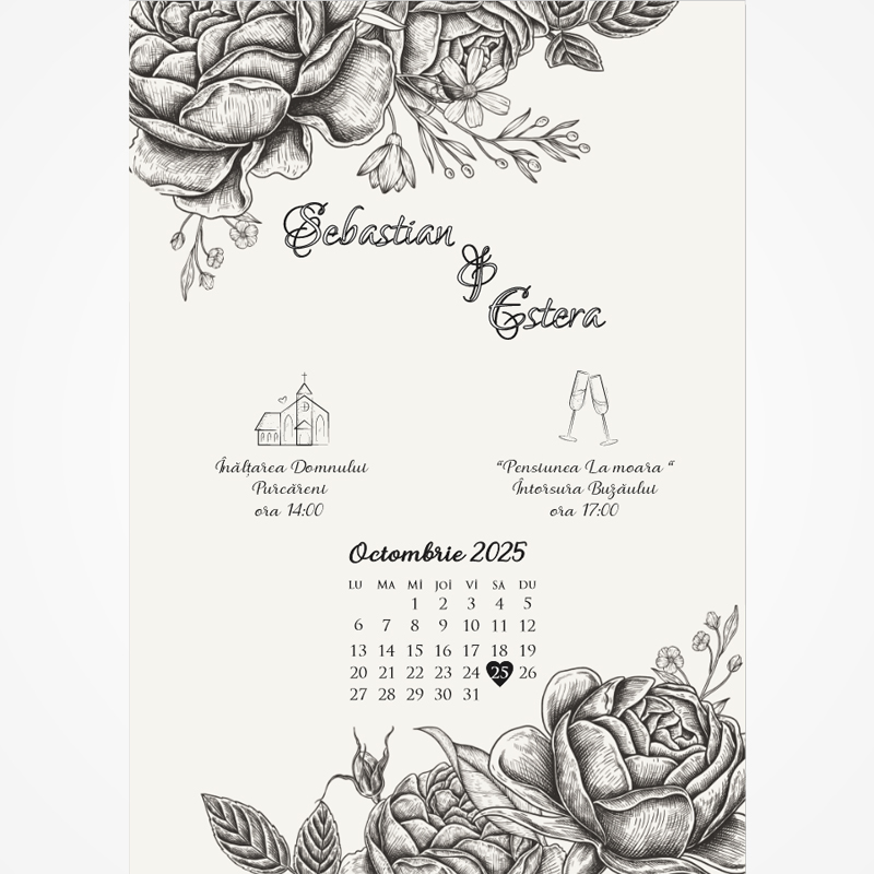 Li-N015 Invitație digitală nuntă „Flori în tuș” LI-N015